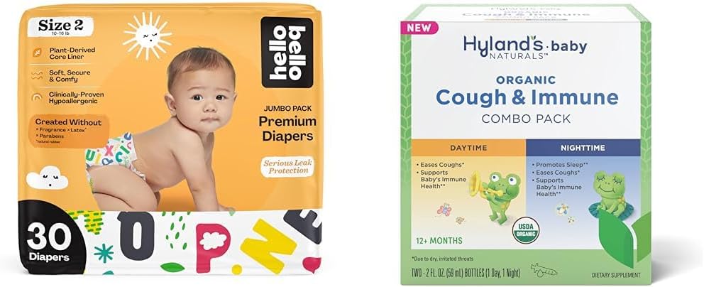 Hello Bello Premium Baby Diapers Size 2, 30 Count of Disposable Comfort Fit Diapers - Design: Alphabet Soup + Hyland's Baby - Organic Cough & Immune Day & Night Combo Pack (4 fl oz) : Baby