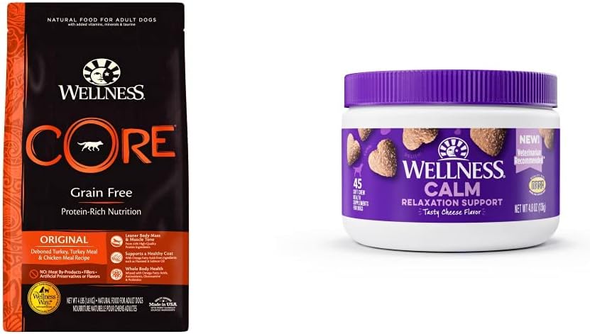 Wellness Food + Supplements Bundle: CORE Natural Grain Free Dry Dog Food, Turkey & Chicken, 4-Pound Bag Calming Soft Chew Dog Supplements, Tasty Cheese Flavored, 45 Count : Pet Supplies