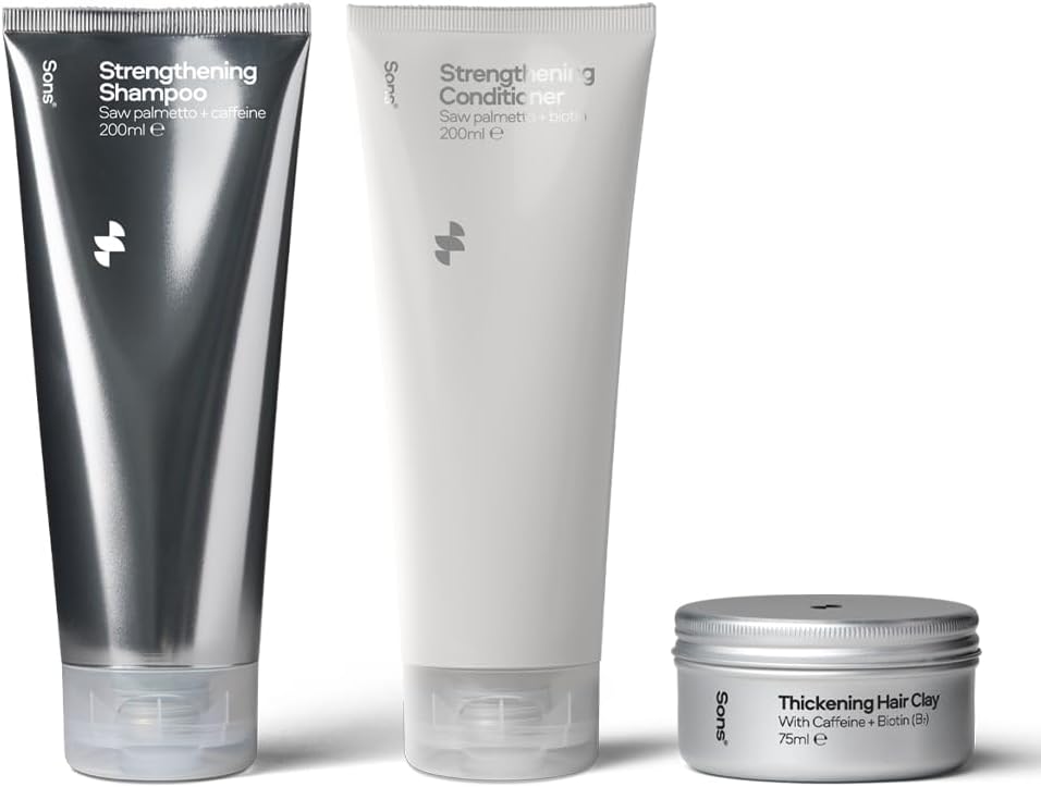 Sons Hair Strengthening Treatment Plan. Hair Growth Shampoo & Conditioner Plus Hair Styling Clay. Dht-Blocker, Hair Thickening And Anti-Dandruff With Caffeine. 1 Month Supply. Made In Europe