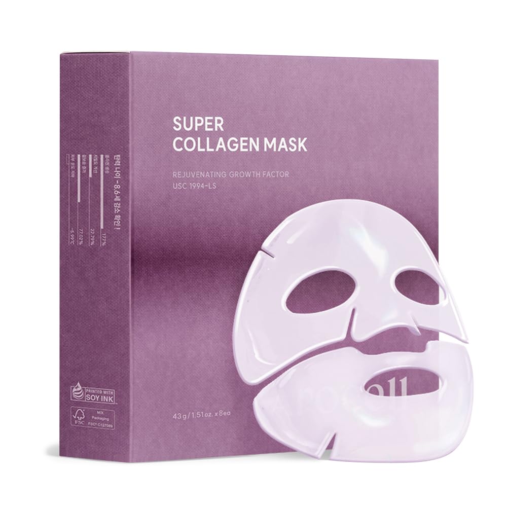 Arocell Super Collagen Mask 8 Facial Sheet Dual Matrix Hydrogel Masks With Low Molecular Weight Collagen For Elasticity Hydrating Anti-Aging Cooling Korean Skincare, 43G X 8Ea