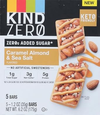 Kind Zero Added Sugar Bars, Keto Friendly Snacks, Caramel Almond And Sea Salt Flavored, 6.2Oz Box (5 Bars)