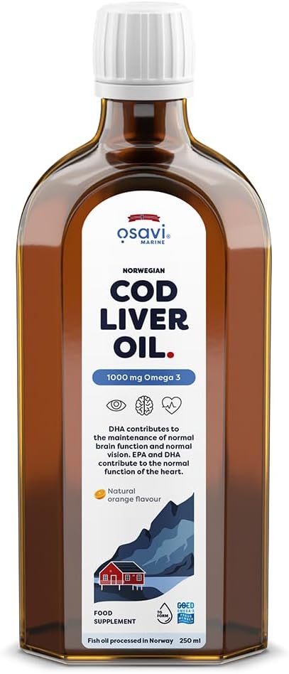 Osavi Norwegian Cod Liver Oil 1000 Mg Omega 3 – 250 Ml | Orange Flavor | Dha & Epa For Heart, Brain & Vision Health | Supports Immune Function | Sourced From Wild Atlantic Cod