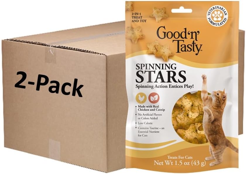 Good ‘N’ Tasty Spinning Stars Cat Treats, 1.5 Ounce Bag, 2-In-1 Treat & Toy Made With Real Chicken, Chicken Liver & Catnip, Encourages Playfulness & Low Calorie, 2 Pack