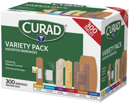 Curad Assorted Bandages Variety Pack 300 Pieces, Including Antibacterial, Heavy Duty, Fabric, And Waterproof Bandages