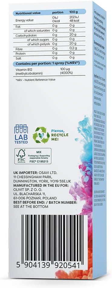 Osavi Methyl–B12, 100 µg – 25 Ml Oral Spray | Cherry Flavor | Supports Nervous System & Immune Function | Vitamin B12 For Energy Metabolism | Reduces Fatigue & Supports Red Blood Cell Formation