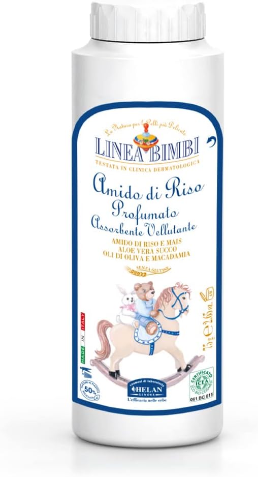 Helan Linea Bimbi Bio - Talcum Powder For Babies, Baby Powder With Aloe Vera Juice, Scented Rice Starch - Moisturising, Soothing, Against Irritation, Baby Essentials For Newborn - Made In Italy, 75 G