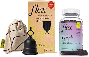 Flex Cup - Reusable Menstrual Cup - Size 01 + Chill Pill Natural Gummies For Relaxation (Bundle)