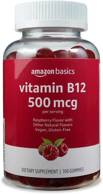 Amazon Basics Vitamin B12 500 Mcg Gummies - Normal Energy Production And Metabolism, Immune System Support, Raspberry, 100 Count (2 Per Serving) (Previously Solimo)