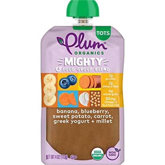 Plum Organics Mighty 4 Organic Toddler Food - Banana, Blueberry, Sweet Potato, Carrot, Greek Yogurt, and Millet - 4 oz Pouch (Pack of 12) - Organic Fruit and Vegetable Toddler Food Pouch