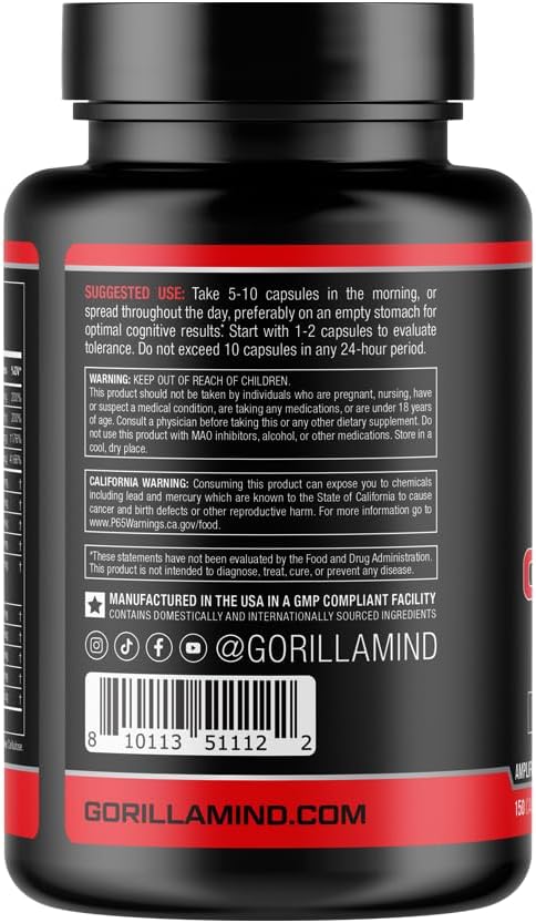 Gorilla Mind Nootropic Formula (150 Capsules) - Best Caffeinated Productivity Supplement / 8+ Hours of Focus and Energy : Health & Household