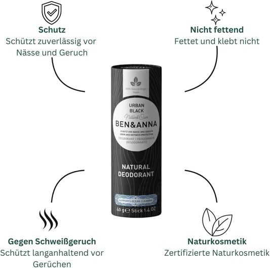 Ben & Anna Urban Black - Natural Deodorant Stick For Men And Women | Vegan & Natural Cosmetics | Sustainable In Papertube | Against Heavy Sweating | Aluminium-Free (40 G (Pack Of 1)