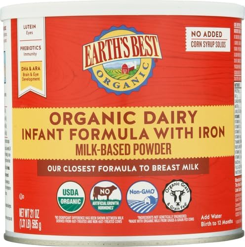 Earth's Best Organic Baby Formula for Babies 0-12 Months, Powdered Dairy Infant Formula with Iron, Omega-3 DHA, and Omega-6 ARA, 21 oz Formula Container (Pack of 4)