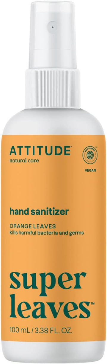 ATTITUDE Hand Sanitizer Spray for Adults and Kids, EWG Verified, Kills Bacteria and Germs, Vegan, Orange Leaves, 3.38 Fl Oz (Spray Bottle)
