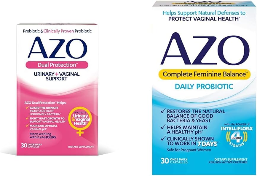 Azo Dual Protection | Urinary + Vaginal Support* | Prebiotic Plus Clinically Proven Women'S Probiotic 30 Count & Complete Feminine Balance Daily Probiotics For Women