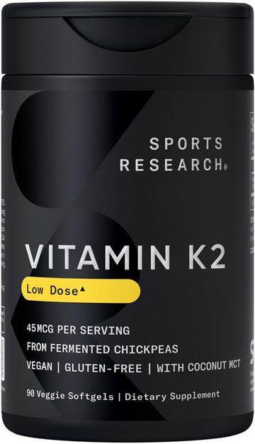 Sports Research® Vitamin K2 45Mcg As Mk-7 From Fermented Chickpea - 90 Veggie Softgels With Coconut Mct Oil For Better Absorption - Vegan Certified, Non-Gmo, Gluten & Soy Free
