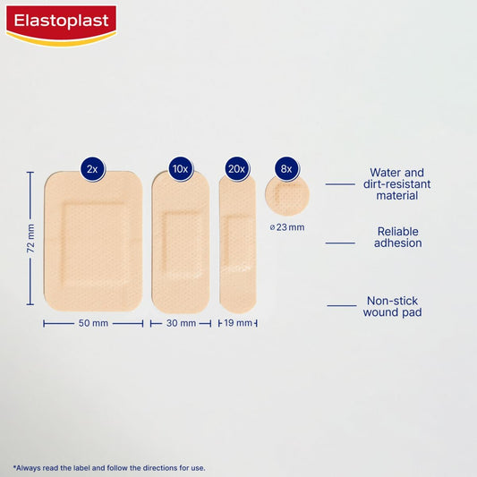Elastoplast Water Resistant Plasters (40 Pieces), Dirt And Water Resistant Strip Plasters, Waterproof Plasters, Strong Adhesion, All-Purpose First Aid Plasters, Various Sized Plasters, Tan