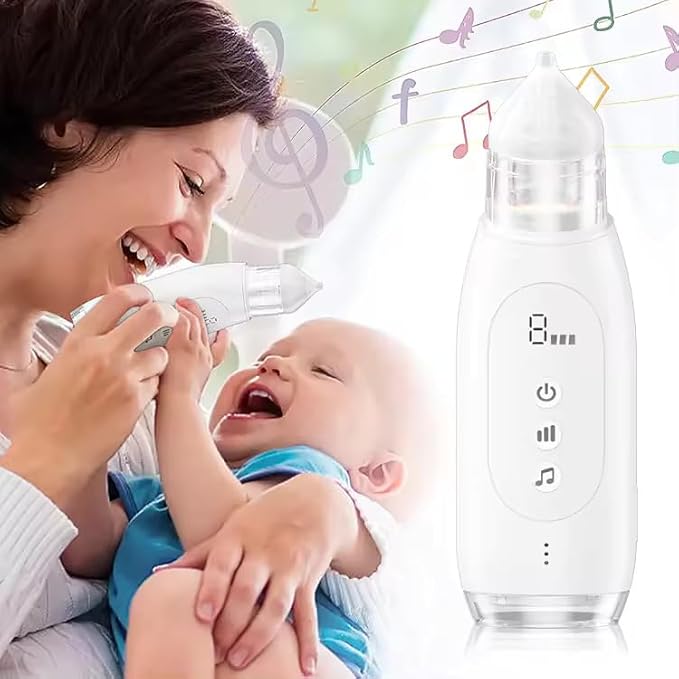 Electric Baby Nasal Aspirator - 3 Levels Suction, Self-Cleaning Nose Sucker with Pause, Music, and Light for Babies and Toddlers (White)