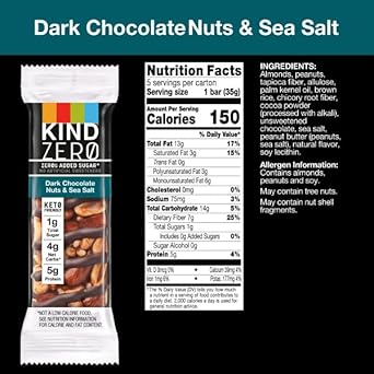 Kind Zero Added Sugar Bars, Keto Friendly Snacks, Dark Chocolate Nuts And Sea Salt, 6.2Oz Box (30 Bars)