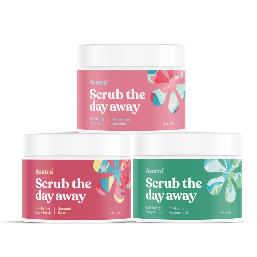 ASUTRA Dead Sea Salts Body Scrub Bundle – 3, Full-Size 16 oz Body Scrubs – Refreshing Jasmine, Sensual Rose, Purifying Peppermint – Ultra Hydrating, Gentle, and Moisturizing