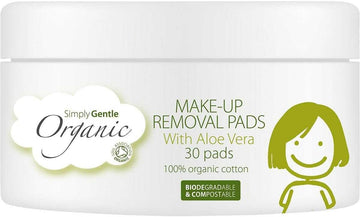 Simply Gentle Organic, Facial Cleansing Pads, With Aloe Vera - 100% Organic Cotton - Gently And Effectively Remove Makeup And Waterproof Eye Makeup - 30 Pieces