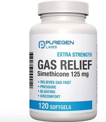 P Puregen Labs Extra Strength Gas Relief Softgels With Simethicone 125 Mg Relieve Pressure, Bloating And Painful Discomfort Compare To Gas-X And Phazyme -120 Count