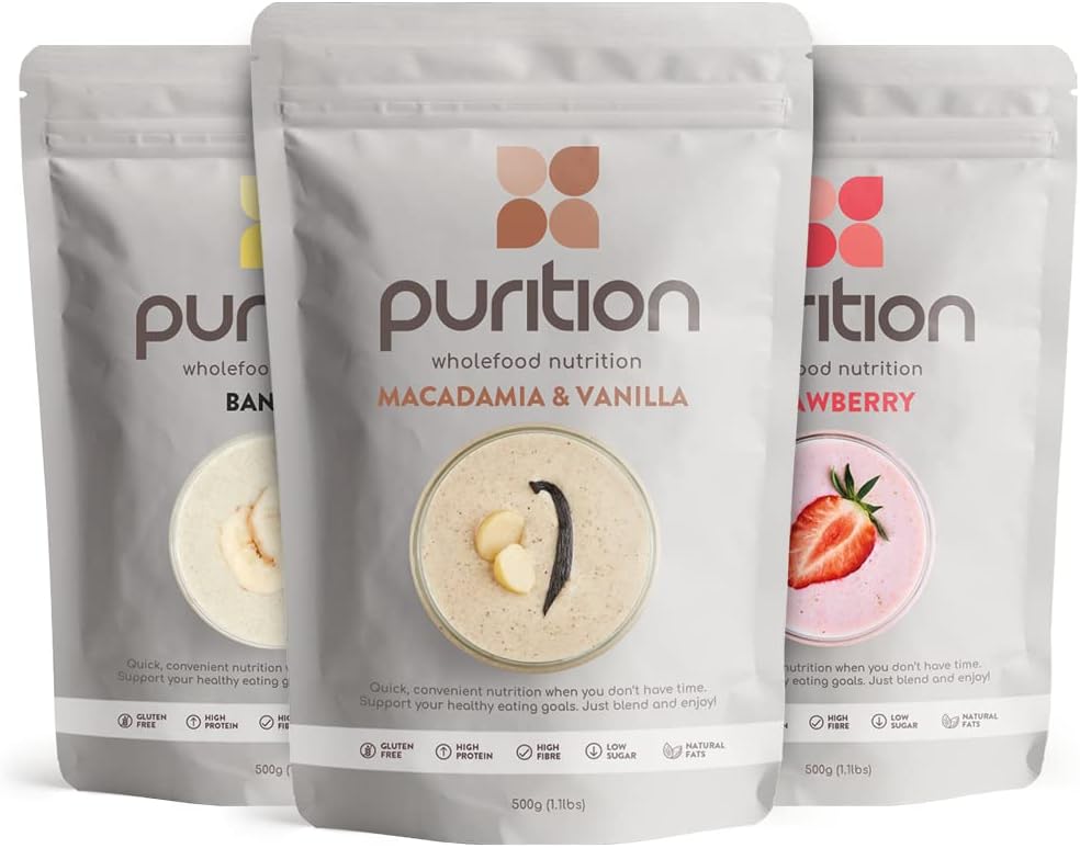 Purition Large Bag Multipack - Strawberry, Banana & Macadamia & Vanilla | Premium High Protein Powder For Keto Shakes And Smoothies With Natural Ingredients For Weight Management | 3 X 12 Meal Bags