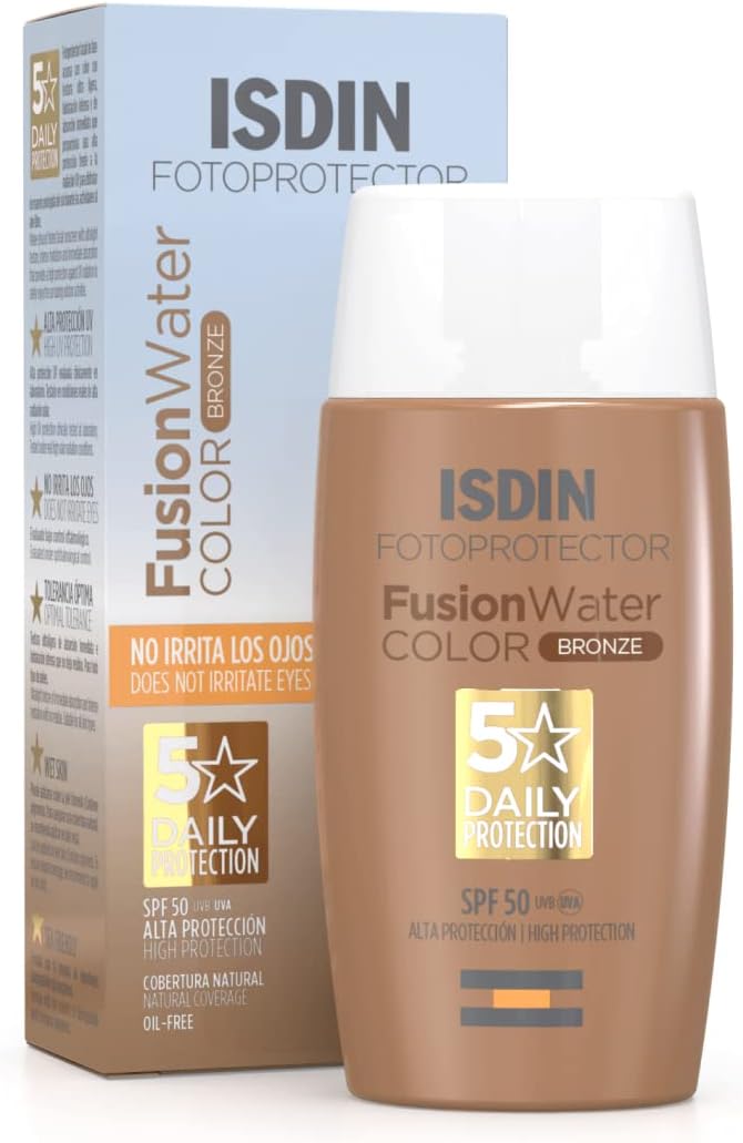 ISDIN Fusion Water Color SPF 50 (Bronze) 50ml, Tinted daily facial sun cream, Ultra-light texture