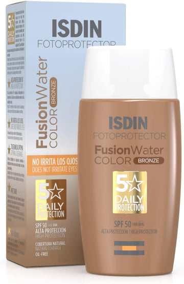 ISDIN Fusion Water Color SPF 50 (Bronze) 50ml, Tinted daily facial sun cream, Ultra-light texture