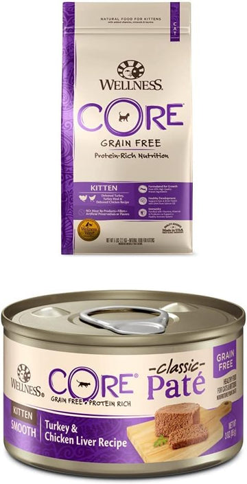 Wellness CORE Grain-Free Kitten Dry + Wet Food Bundle: 5 lb. Dry Cat Food + 12 Pack of Pate Wet Food, 3 Oz Cans : Pet Supplies