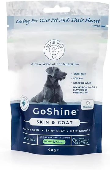 Blue Pet Co - Goshine Skin & Coat Health Supplement For Dogs - Promotes Healthy Skin, Shiny Coat & Hair Growth - Enriched With Unique Seaweed Complexes - Rich In Chicken - 90 Chews