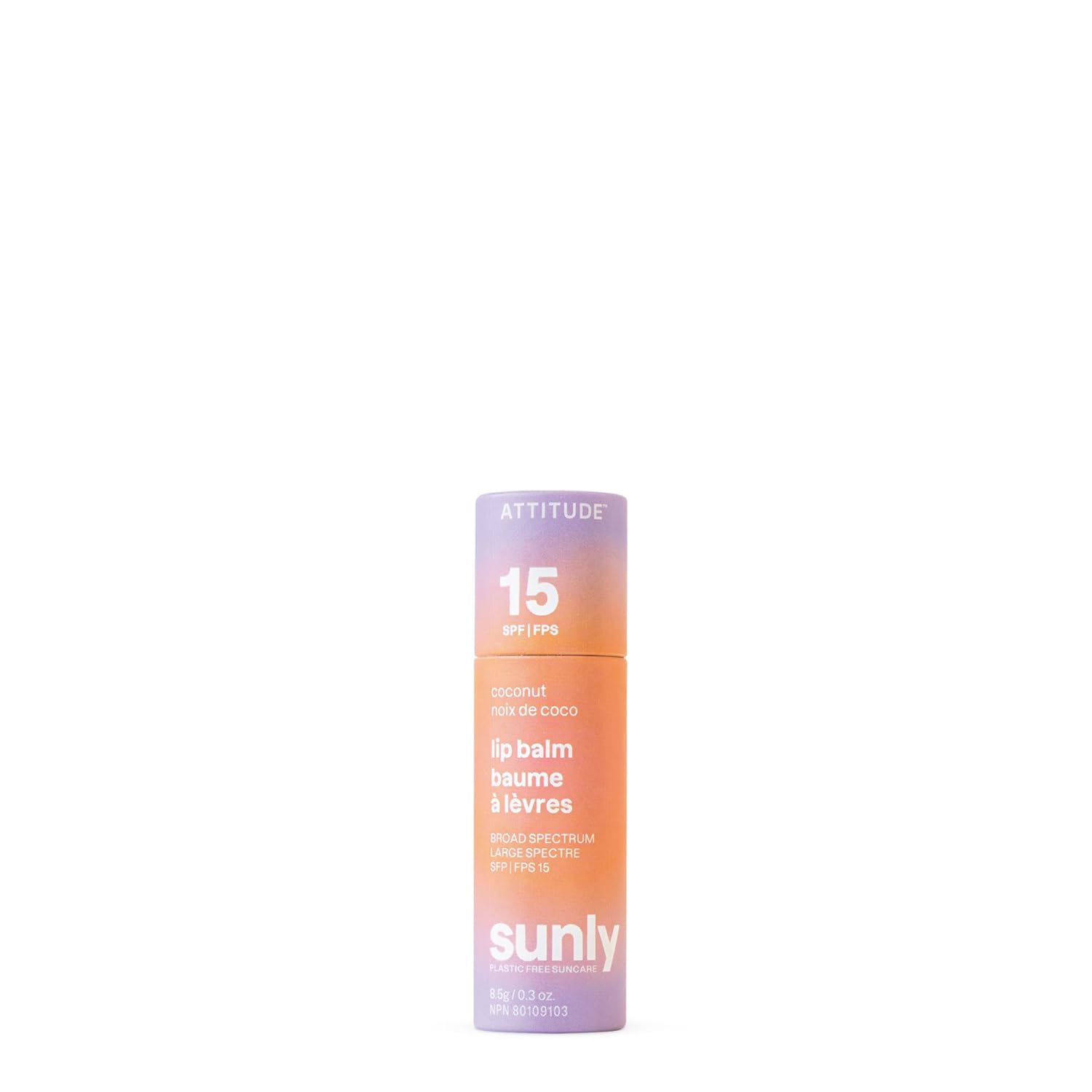 ATTITUDE Plastic-free Lip Balm with Sun Protection SPF 15, EWG Verified, Plant- and Mineral-Based Ingredients, Vegan and Cruelty-free, Coconut, 0.3 Oz