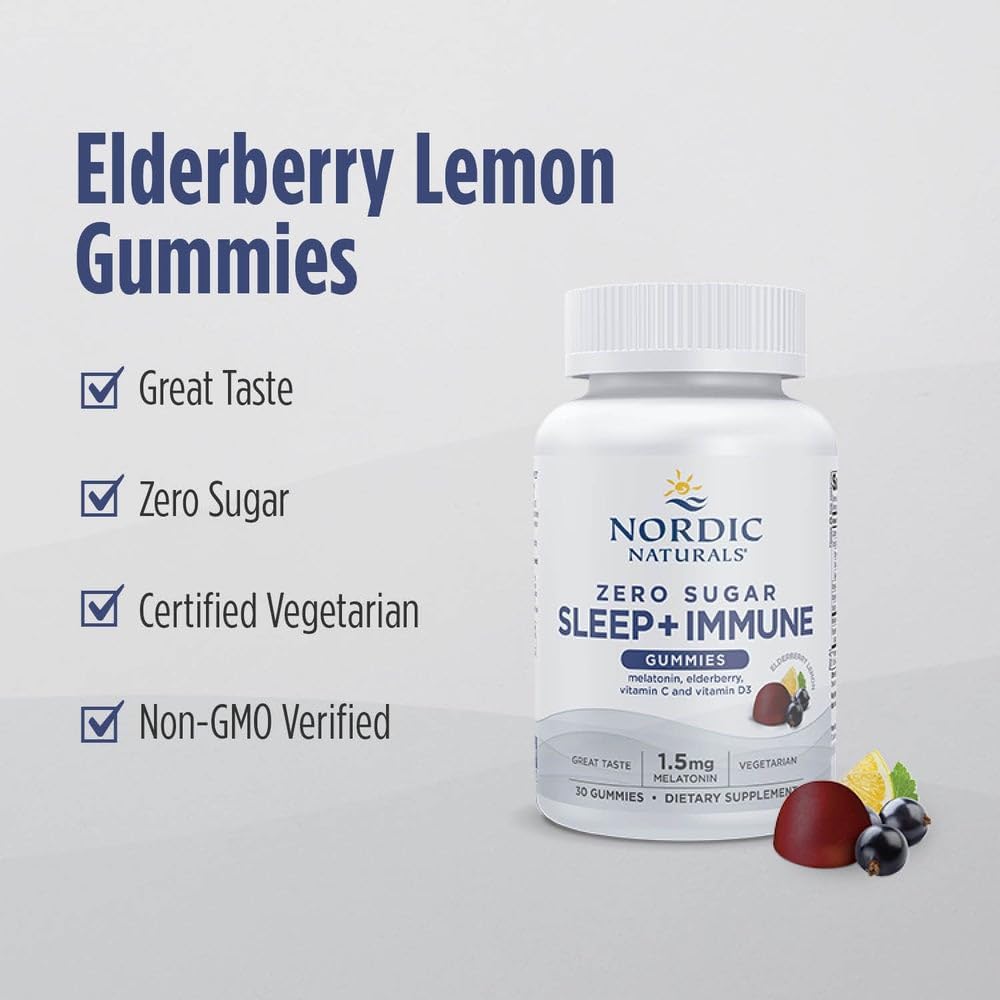 Nordic Naturals Zero Sugar Sleep + Immune Gummies - Elderberry Lemon Flavor - 30 Gummies - 1.5 mg Melatonin Gummies for Sleep with Vitamin D3 - Elderberry & Vitamin C Immune Support - 30 Servings : Health & Household