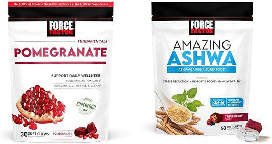 Force Factor Pomegranate Chews For Healthy Aging & Ashwa Chews For Stress Relief, Memory, Focus, And Immune Support