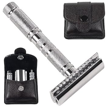 Parker A1R Travel Safety Razor - Compact 4-Piece Double Edge Safety Razor With Protective Leather Case - Ideal For Everyday Use - Iconic Brand