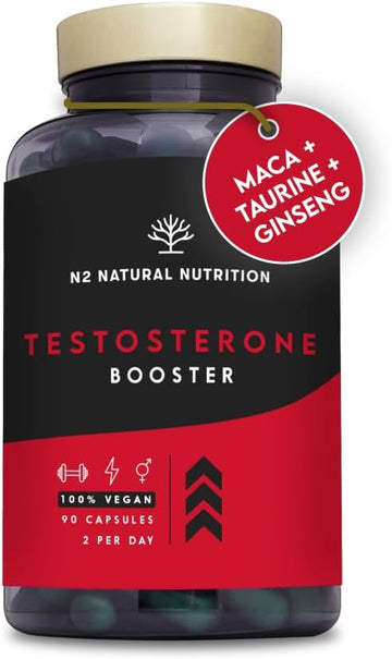 Testosterone Booster Complex For Men With Fenugreek, L-Taurine Maca Gingseng, Zinc, L-Taurine, Black Pepper. Mood Stimulant, Endurance, Energy. Pre Workout. 120 Capsules. Vegan. N2 Natural Nutrition