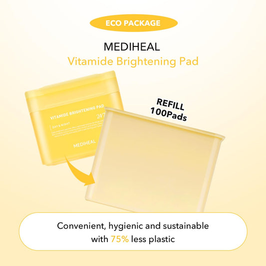 (Only Refill) Mediheal Vitamide Brightening Pad (100 Pads) - Radiance Boosting Pads For Clear, Illuminating Skin - Vegan Gauze Pad