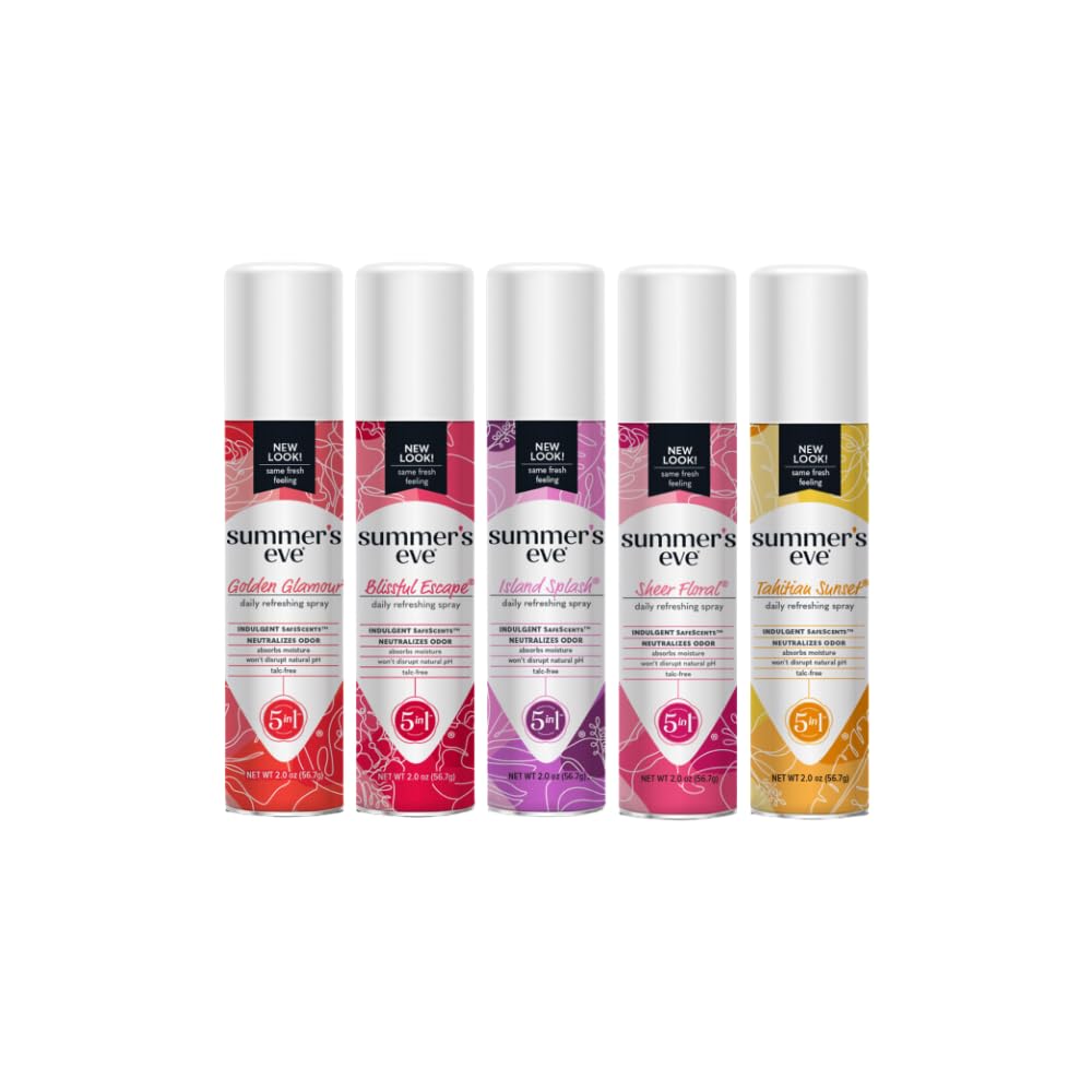 Summer'S Eve Feminine Cleansing Spray Variety Pack (Golden Glamour, Blissful Escape, Island Splash, Sheer Floral, & Tahitian Sunset) (1 Of Each)