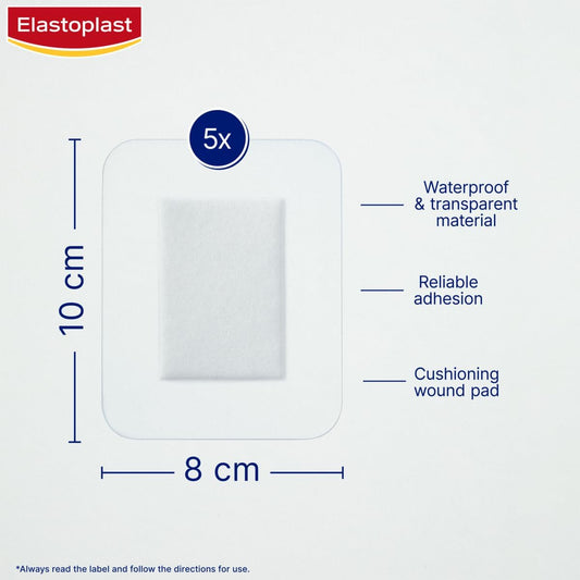 Elastoplast Waterproof Xxl Med+ Dressings (5 Pieces), Pack Of First Aid Plasters, Large Plasters For Post-Operative Wounds, Waterproof Sterile Dressings For Wounds, 0% Latex, Clear (Pack Of 2)