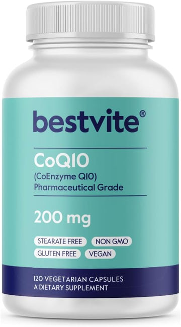BESTVITE CoQ10 200mg (120 Vegetarian Capsules) Naturally Fermented - No Stearates - Vegan - Gluten Free - Non GMO