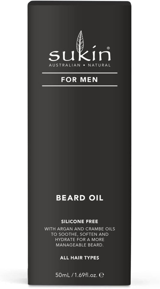 Sukin Australian Natural For Men Beard Oil Hydrates Your Beard And Helps Reduce Dandruff And Itching, Moisturising Combination Of Natural Argan, Almond And Crambe Oil, Vegan, 50Ml