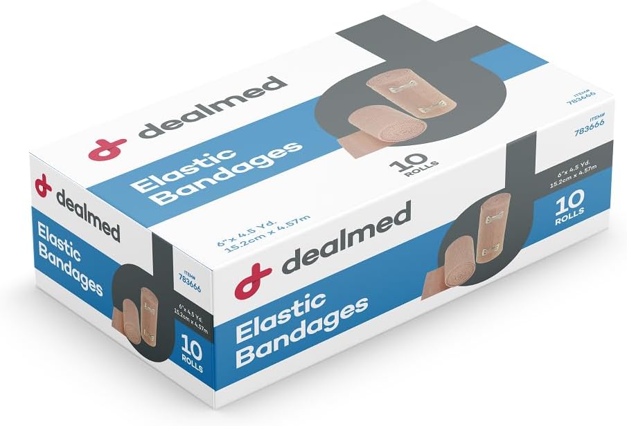 Dealmed 6" Elastic Bandage Wrap With Clip Closure – 10 Elastic Bandages, 5 Yards Stretched Compression Bandage Wrap, Wound Care Product For First Aid Kit And Medical Facilities