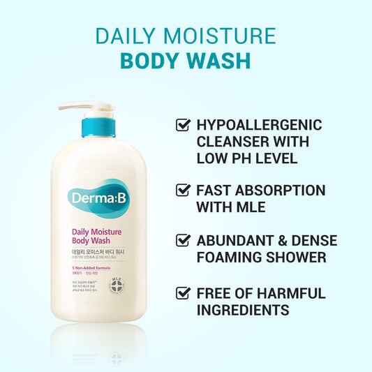 DERMA B Daily Moisture Body Wash, Moisturizing Foaming Cleanser for Dry Skin, Scented Fresh Hydrating Body Wash for the Whole Family, Antibacterial Foam Wash,33.8 Fl Oz, 1000ml