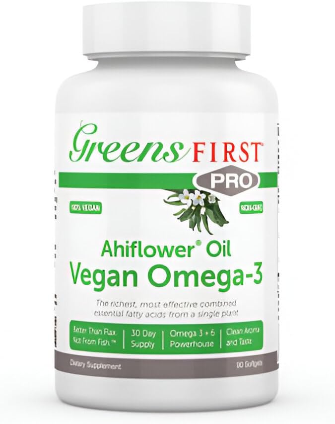 Greens First Pro Ahiflower Oil Vegan Omega-3, 30 Day Supply  2250 Mg  Omega 3 + 6 + 9 Powerhouse  Contains Omega-3 Stearidonic Acid Sda  Gamma Linolenic Acid Gla  No Soy Or Corn Oil  Non-Gmo