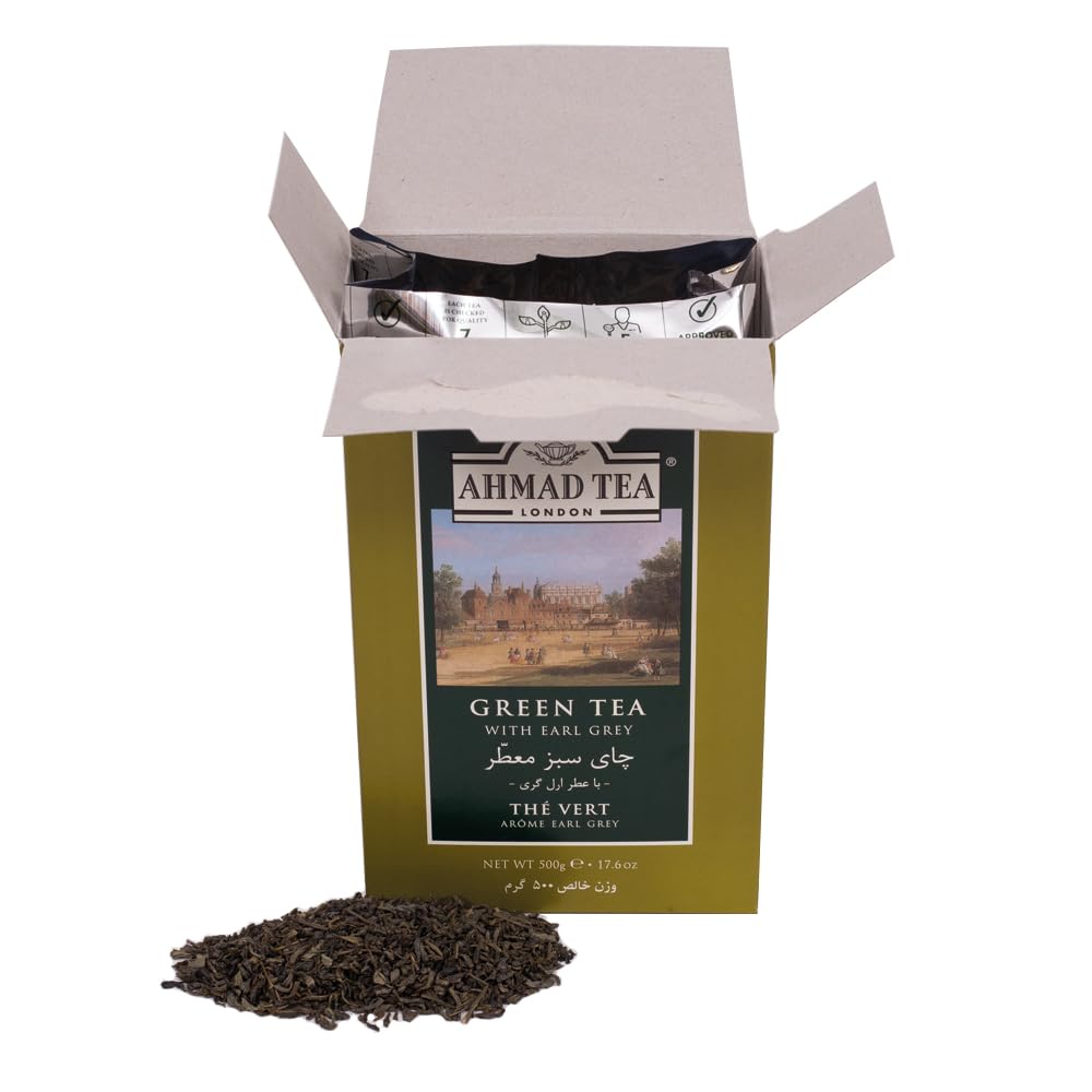 Ahmad Tea Green Tea, Green Tea With Earl Grey Loose Leaf, 500G - Caffeinated & Sugar-Free