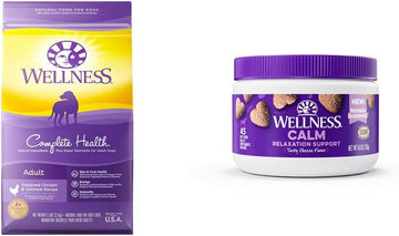 Wellness Complete Health + Supplements Bundle: Complete Health Natural Dry Dog Food, Chicken & Oatmeal, 5-Pound Bag Calming Soft Chew Dog Supplements, Tasty Cheese Flavored, 45 Count : Pet Supplies