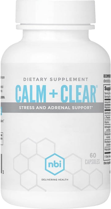 Nbi Calm + Clear Mood And Focus Support | Natural Stress And Adrenal Support With Magnesium, Gaba, Ashwagandha, L-Theanine, Glycine, Bacopa, Skullcap, And Hops Powder | 60 Count Capsules