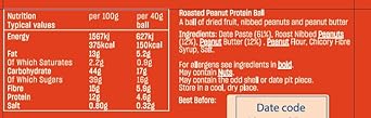 Deliciously Ella Roasted Peanut Butter Protein Ball (12 Balls) - Protein Snack - Gym Snack - Healthy & Natural - Vegan - Gluten Free - 40G X 12 Balls