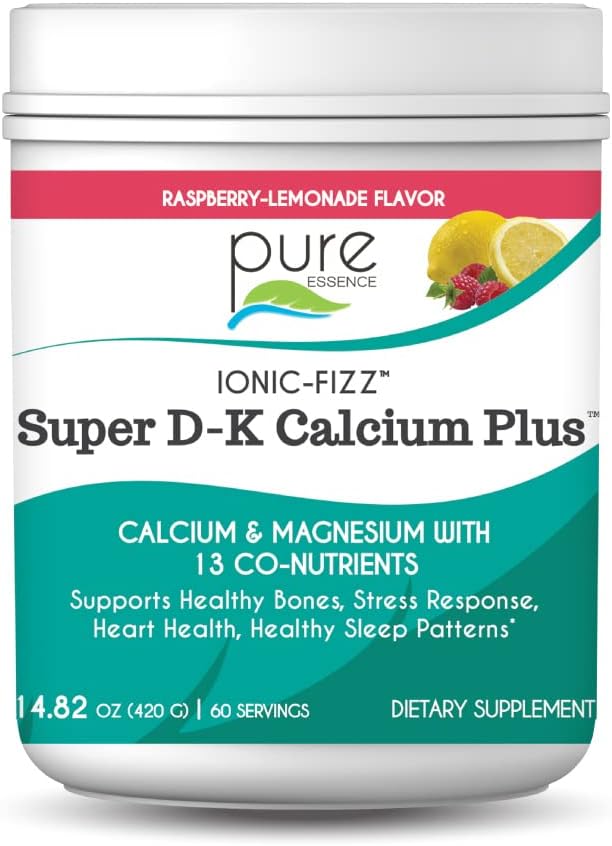 Ionic Fizz Super D-K Calcium Plus by Pure Essence - with Extra Magnesium, Vitamin D3, Vitamin K2 for Strong Bones and Stress Support - Raspberry Lemonade - 14.82oz