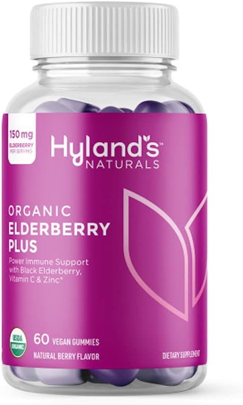 Hyland's Naturals Organic Elderberry Plus Gummies, Organic Black Elderberry with ZINC and Vitamin C, Immune Support Supplement for Adults, 60 Vegan Gummies (30 Days)
