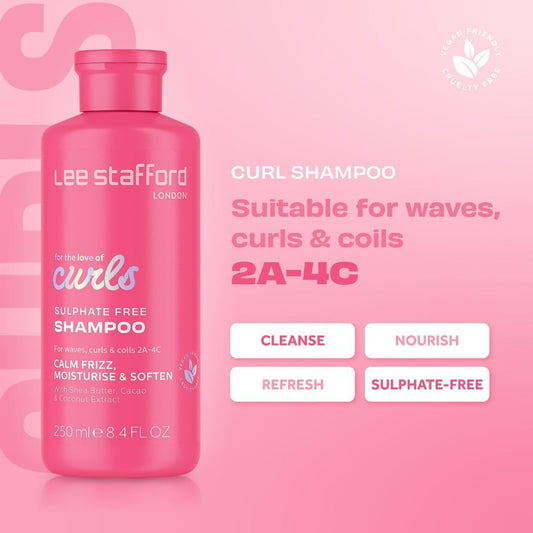 Lee Stafford Wavy, Curly, & Coily Shampoo | For The Love Of Curls - Daily Cleanser For 2A To 4C Hair, Anti Frizz, Moisturising, Adds High Gloss Shine To Smooth Defined Curls, Lightweight, 250 Ml